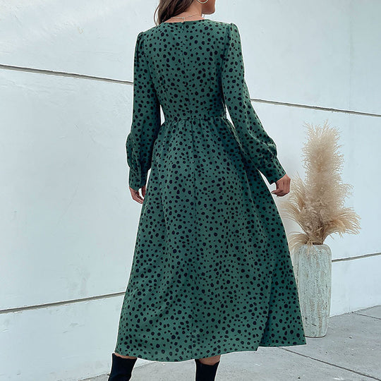 Damen Midikleid im Retro-Pünktchen-Design mit Wickeloptik, V-Ausschnitt und tailliertem Bindegürtel Shop Nory