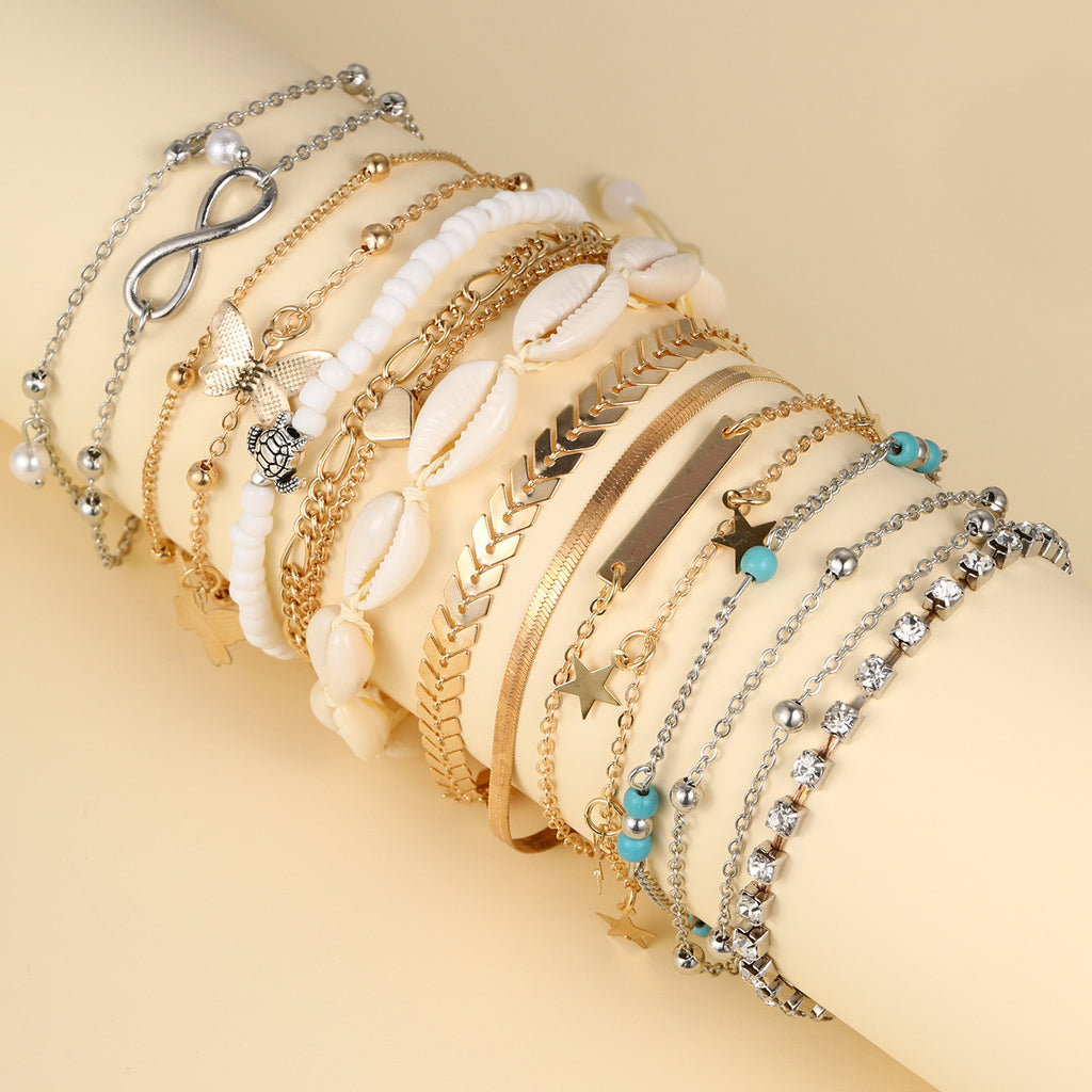 Damen Fußkettchen Set mit zarten Anhängern und eleganten Strukturen Shop Nory
