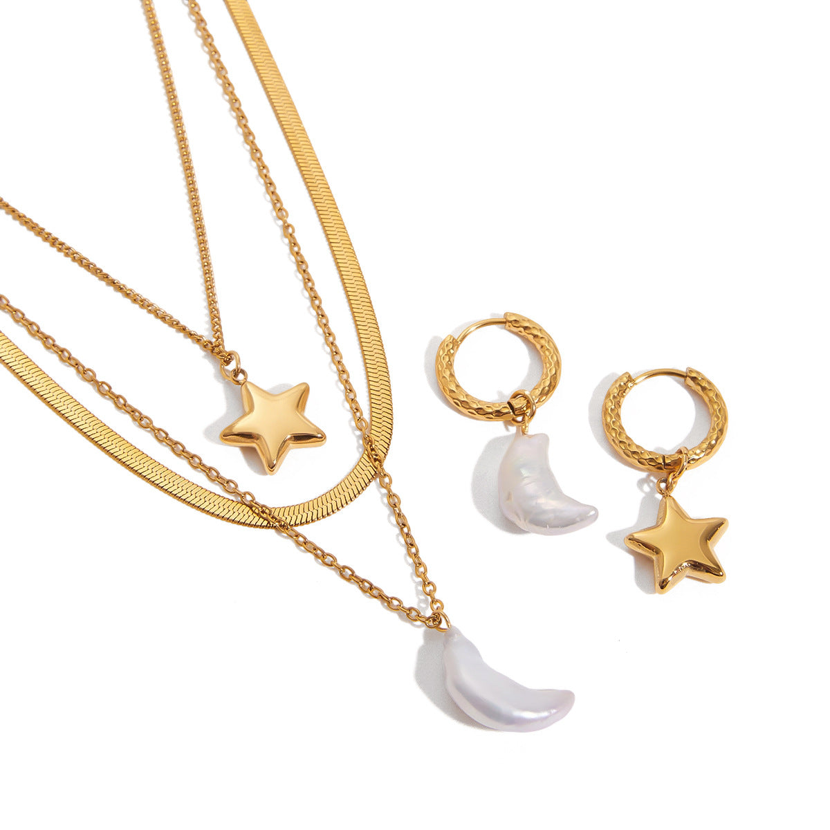 Damen mehrlagige Halskette mit funkelndem Stern- und Mondanhänger aus hypoallergenem Edelstahl Shop Nory