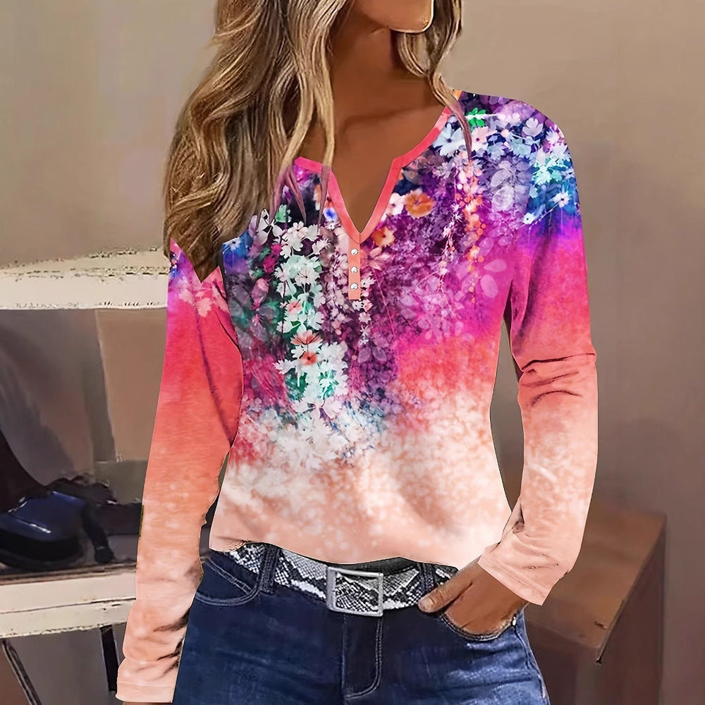 Damen Blütenmuster Langarmshirt mit Knopfleiste