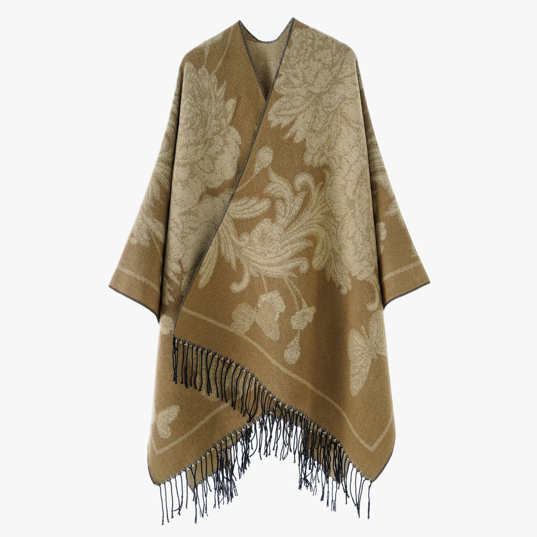 Damen Wendbarer Strickcape-Poncho mit Fransen und kontrastierenden Streifen Shop Nory