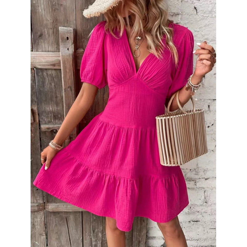 Damen Midi-Kleid mit Ballettärmeln und tiefem V-Ausschnitt Shopnory