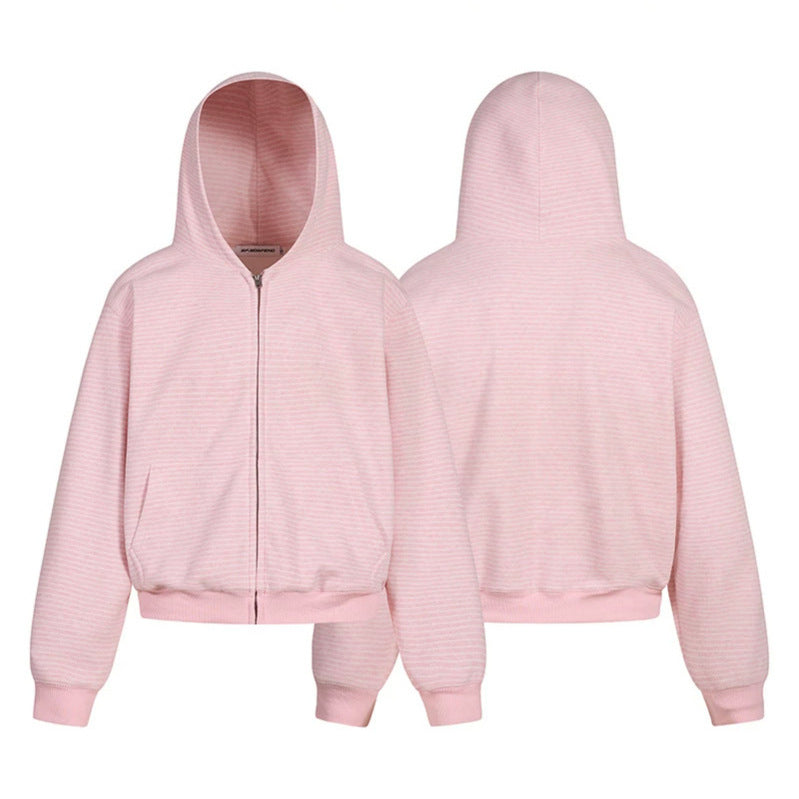Damen Kurz geschnittene Kapuzen-Sweatjacke mit kurzem Bund, Streifenstruktur und Reißverschluss Shop Nory
