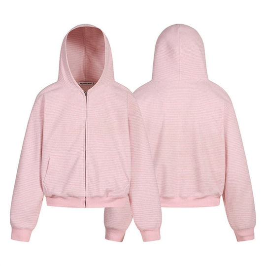 Damen Kurz geschnittene Kapuzen-Sweatjacke mit kurzem Bund, Streifenstruktur und Reißverschluss Shop Nory