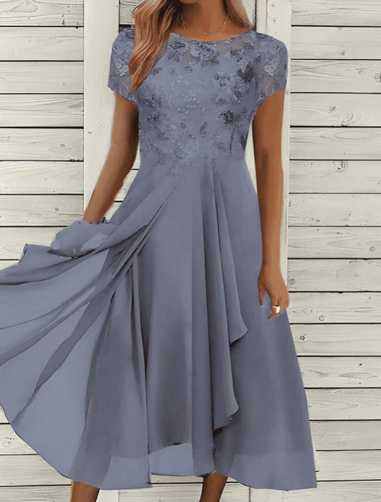 Damen nan elegantes Chiffon-Midikleid mit floraler Spitzenapplikation und fließendem Tellerrock