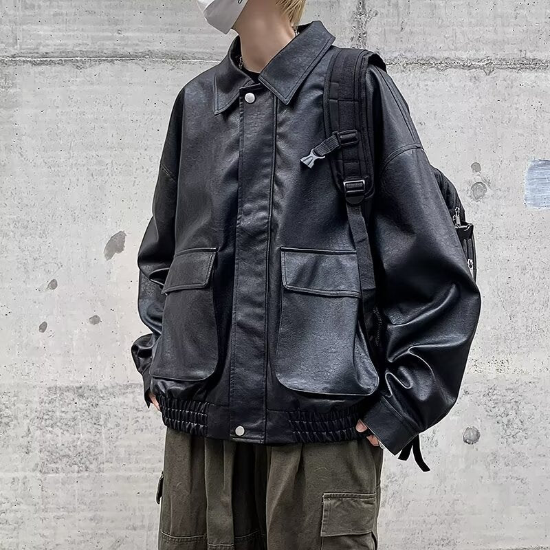 Herren Boxy Overshirt aus Lederoptik mit Hemdkragen und aufgesetzten Brusttaschen Shop Nory