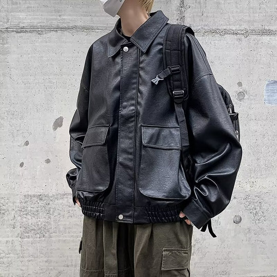 Herren Boxy Overshirt aus Lederoptik mit Hemdkragen und aufgesetzten Brusttaschen Shop Nory