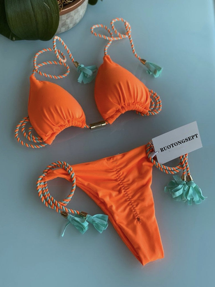 Damen Triangel-Bikini mit modischem Leopardenmuster und dekorativen Quasten
