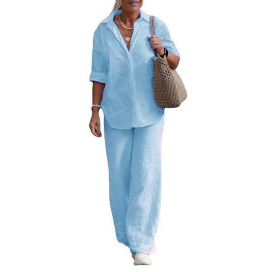 Damen Leichtes Leinen-Optik Zweiteiler mit Oversize-Hemd und weiter Palazzohose Shop Nory