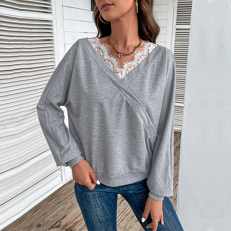 Damen Lässiges Oversize-Sweatshirt mit Wickeloptik und Spitzeneinsatz Shop Nory