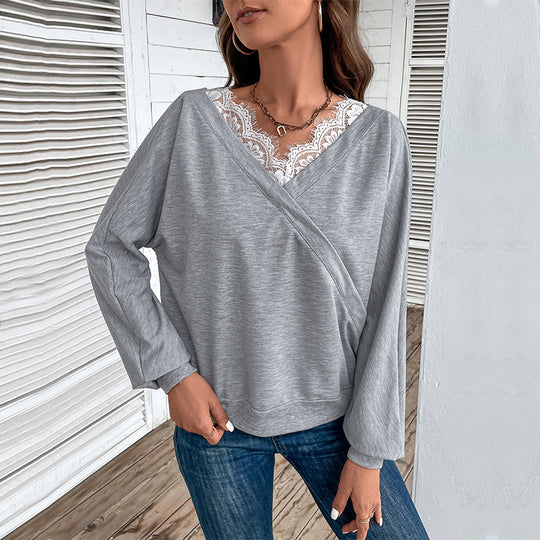 Damen Lässiges Oversize-Sweatshirt mit Wickeloptik und Spitzeneinsatz Shop Nory