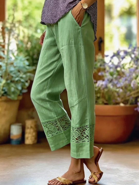 Damen Leinenoptik Culotte-Hose mit Spitzeinsatz am Saum und seitlichen Eingrifftaschen Shop Nory