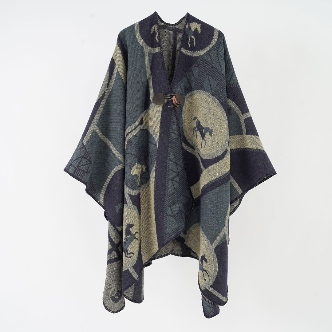Damen Wollmix-Jacquard-Ruana mit Pferdemotiv, Knebelverschluss und offener Kimono-Silhouette Shop Nory
