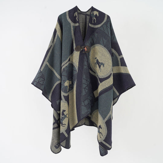 Damen Wollmix-Jacquard-Ruana mit Pferdemotiv, Knebelverschluss und offener Kimono-Silhouette Shop Nory