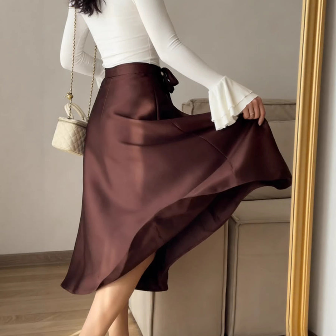 Damen Hochtaillierter A-Linien Midirock mit Bindegürtel und Satin-Finish Shop Nory
