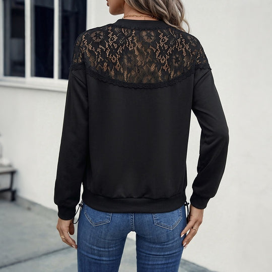 Damen Legeres Langarmshirt mit transparenter Spitzenpasse und Rundhalsausschnitt Shop Nory