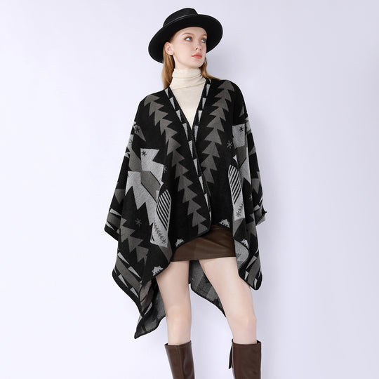 Damen Wollmix-Umhang mit grafischem Ethno‑Muster und Zierkettelnaht Shop Nory