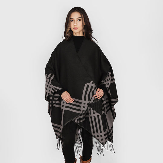 Damen Wollmix-Ruana im Rechteckschnitt mit grafischem Streifen-Jacquard und Fransen Shop Nory