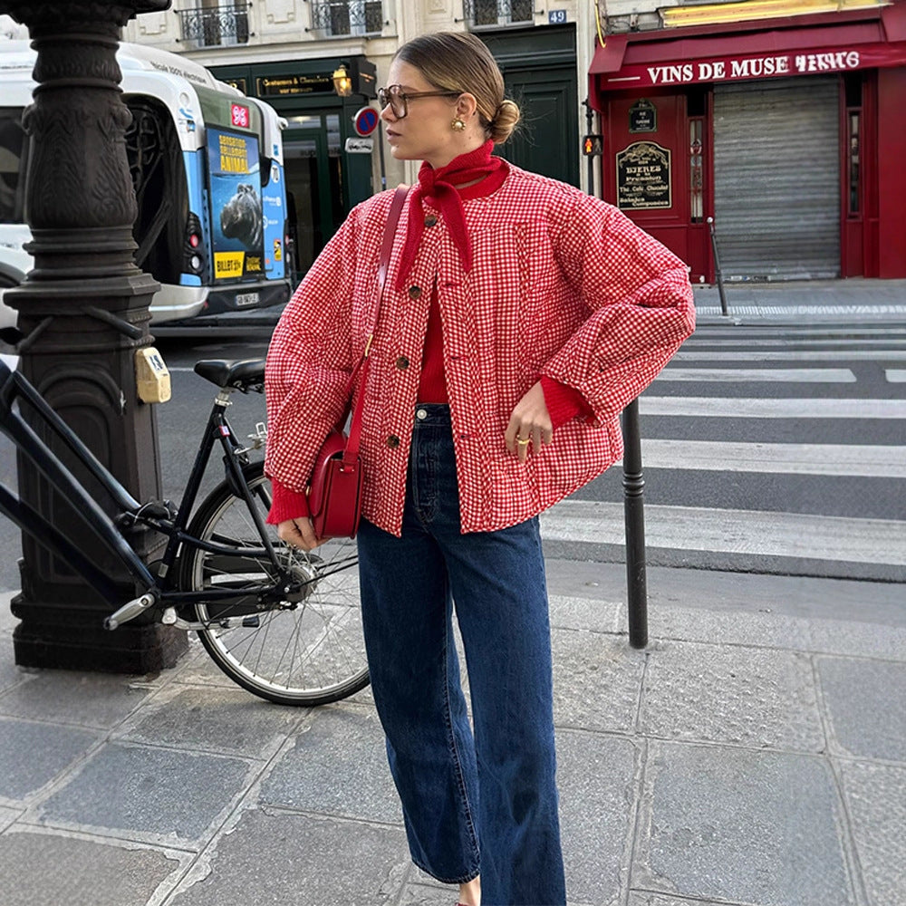 Damen Gepolsterte karierte Boxy-Steppjacke mit Knopfverschluss Shop Nory