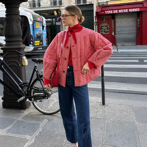 Damen Gepolsterte karierte Boxy-Steppjacke mit Knopfverschluss Shop Nory