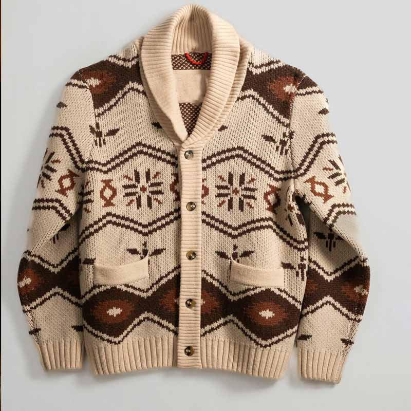 Herren Gemusterte Strickjacke im Nordic-Look mit Schalkragen und aufgesetzten Taschen Shop Nory