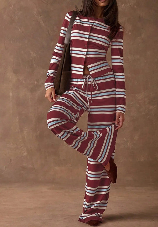 Damen Gestreiftes Strick-Lounge-Set mit tailliertem Knopfcardigan und weitem Palazzohose Shop Nory