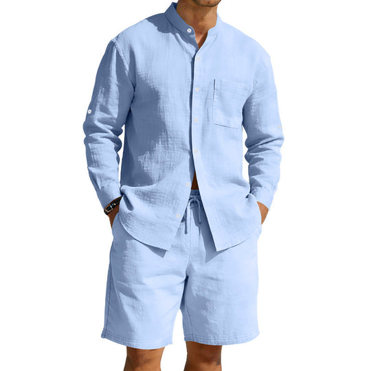 Herren nan sommerliches Leinen-Set mit Stehkragenhemd und Kordelzug-Kurzhose