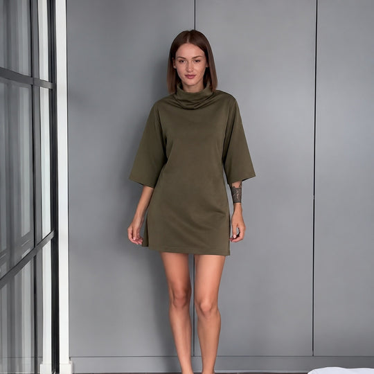Damen lässiges Feinstrick-Minikleid mit Rollkragen und dreiviertelärmeln Shop Nory
