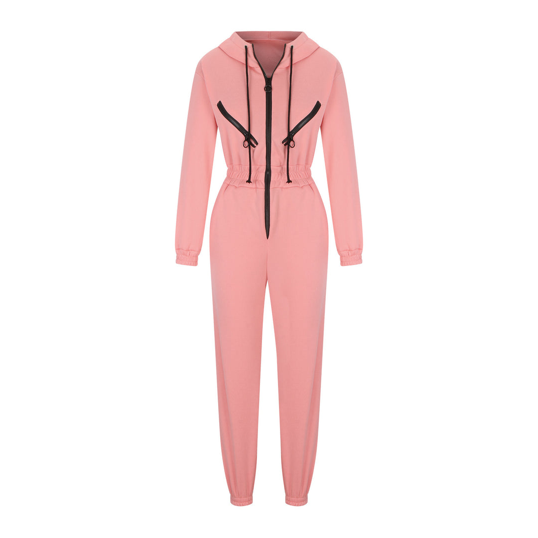 Damen taillierter Kapuzen-Jumpsuit mit elastischem Bund und markanten Kontrast-Reißverschlüssen Shop Nory