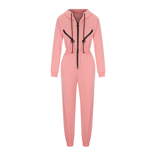 Damen taillierter Kapuzen-Jumpsuit mit elastischem Bund und markanten Kontrast-Reißverschlüssen Shop Nory