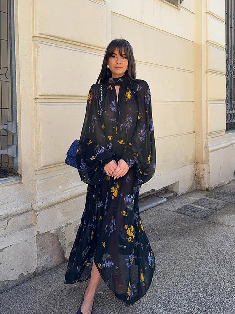 Damen Chiffon-Maxikleid mit Stehkragen, Keyhole-Ausschnitt & voluminösen Ballonärmeln Shop Nory