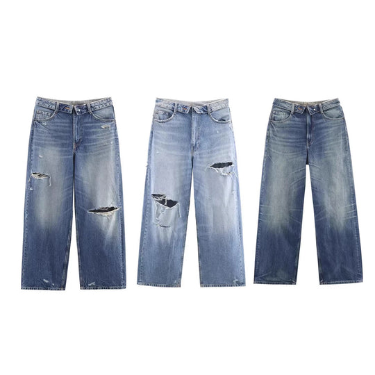 Damen Weite Destroyed-Jeans mit hoher Taille und geradem Bein Shop Nory
