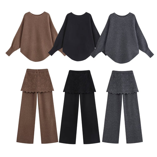 Damen Zweiteiliges Strick-Set mit Oversize-Pullover, Lochmuster-Miniüberrock und weiter Palazzohose Shop Nory