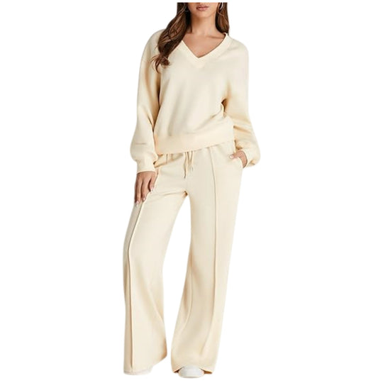 Damen Lässiges V-Ausschnitt Freizeit-Set mit weiter Jogginghose Shop Nory
