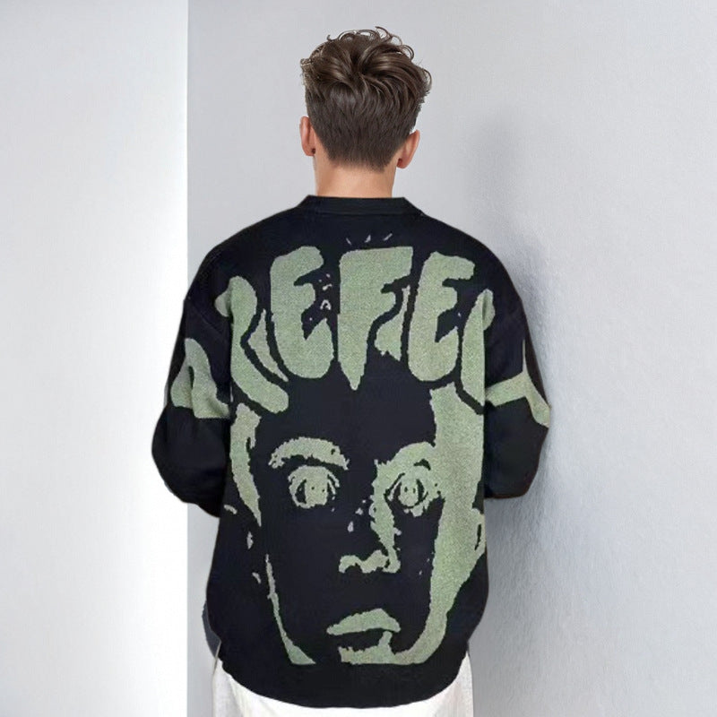 Herren Oversized-Strickpullover mit großflächigem Jacquard-Gesichtsmotiv und geripptem Saum Shop Nory
