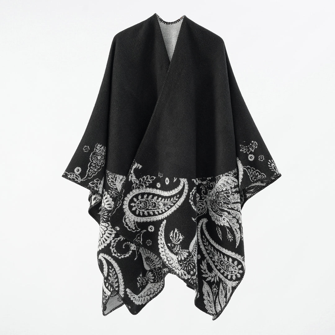 Damen Feines Woll-Cape im Überwurfstil mit kontrastierender Border-Jacquard Shop Nory