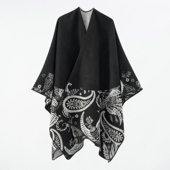 Damen Feines Woll-Cape im Überwurfstil mit kontrastierender Border-Jacquard Shop Nory