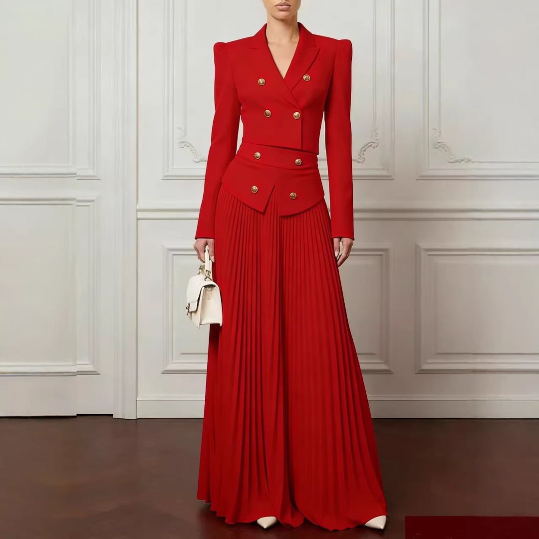 Damen Zweiteiliges tailliertes Kostüm mit Doppelreiher-Blazer und plissiertem Maxirock Shop Nory