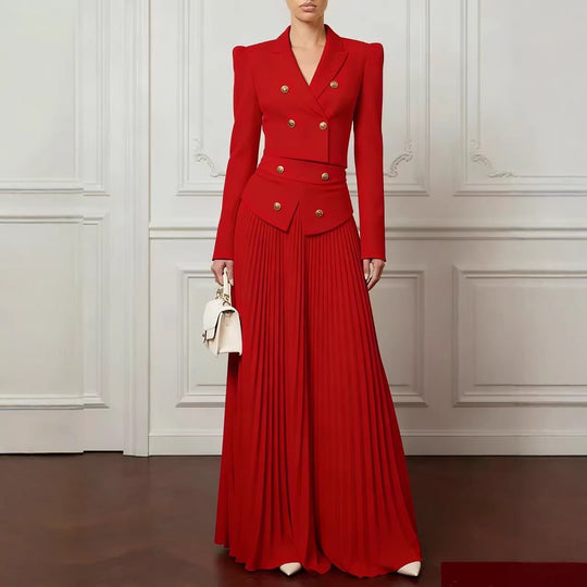 Damen Zweiteiliges tailliertes Kostüm mit Doppelreiher-Blazer und plissiertem Maxirock Shop Nory