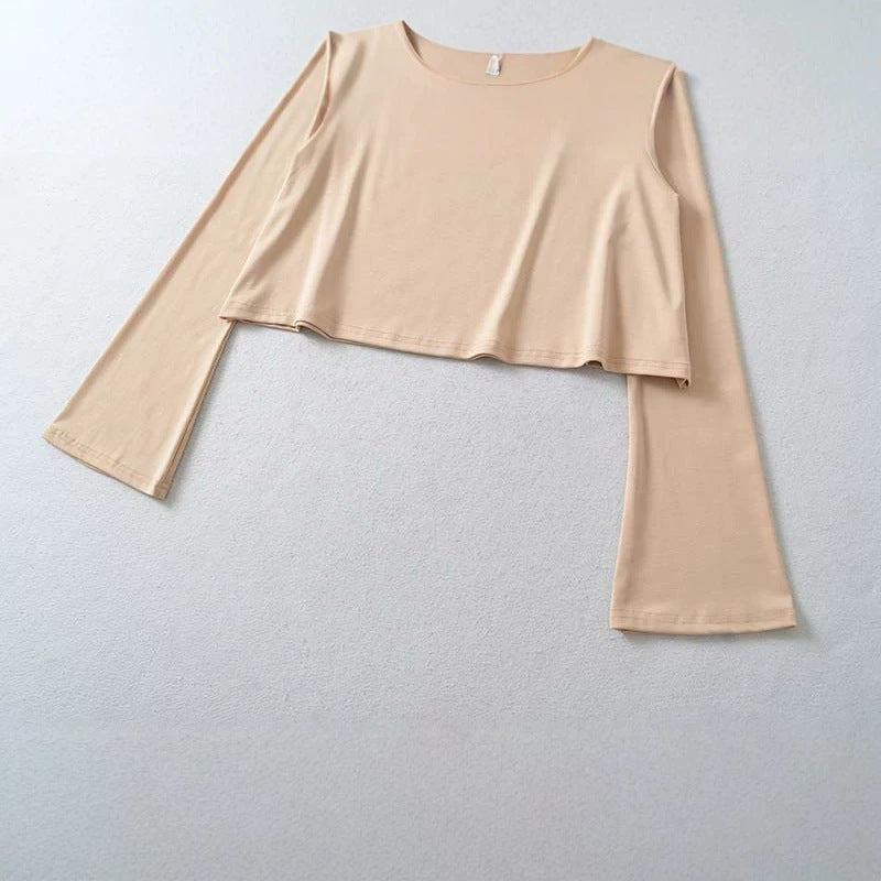 Damen Cropped Off-Shoulder Longsleeve mit ausgestellten Trompetenärmeln aus Jersey Shop Nory