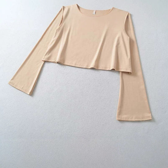 Damen Cropped Off-Shoulder Longsleeve mit ausgestellten Trompetenärmeln aus Jersey Shop Nory