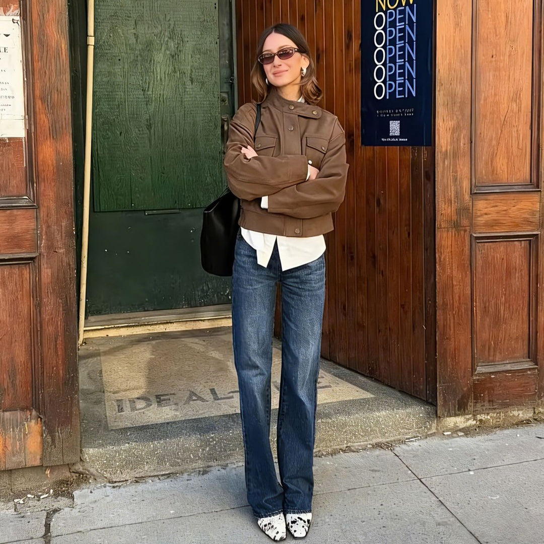 Damen Kurzjacke aus Wildlederoptik mit Stehkragen und Druckknöpfen Shop Nory
