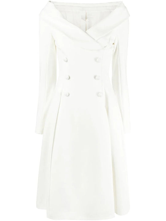 Damen Maxikleid im Mantel‑Look mit Carmenkragen und Doppelreihe Shop Nory