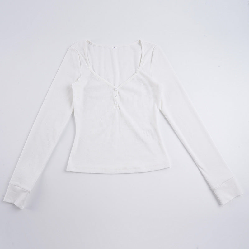 Damen nan figurbetontes geripptes Langarm-Henley-Top mit tiefem V-Ausschnitt und Knopfleiste Shop Nory