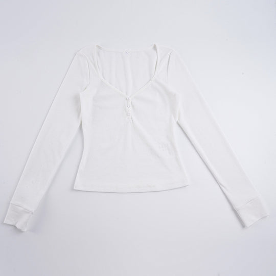 Damen nan figurbetontes geripptes Langarm-Henley-Top mit tiefem V-Ausschnitt und Knopfleiste Shop Nory