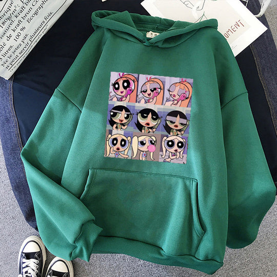 Damen nan lässiger Kapuzenpullover mit quadratischem Cartoon-Collageprint weiches Fleece Innenfutter und aufgesetzter Kängurutasche Shop Nory