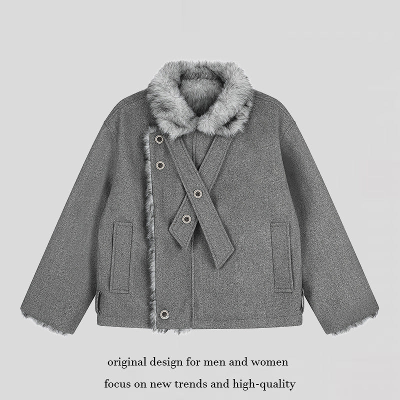 Damen Kurz geschnittene Wolljacke mit Kunstfellbesatz und asymmetrischer Knopfleiste Shop Nory