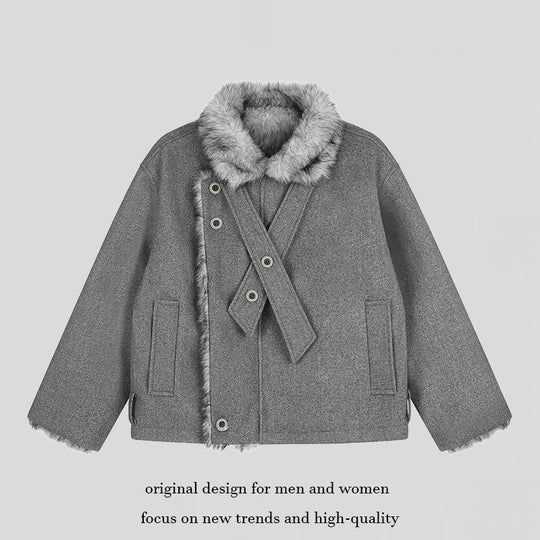 Damen Kurz geschnittene Wolljacke mit Kunstfellbesatz und asymmetrischer Knopfleiste Shop Nory