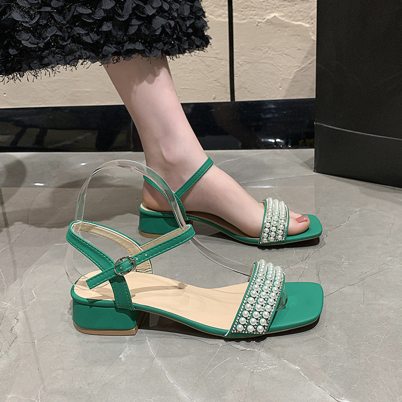 Damen elegante Sandalen mit Perlenverzierung und niedrigem Blockabsatz