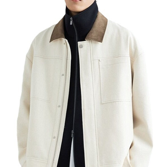 Herren Boxy-Zipjacke aus strukturiertem Baumwollmix mit Lederkragen und verdeckter Druckknopfblende Shop Nory